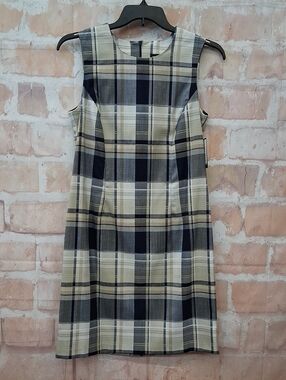 NWT Southern Lady Sleeveless Plaid Sheath Dress in Navy and Cream